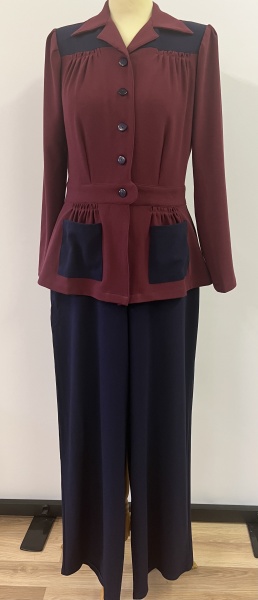 1940s pant suit - colour block Navy & wine