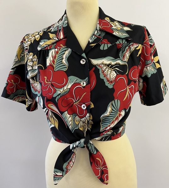 1940s tie blouse - black  anthurium