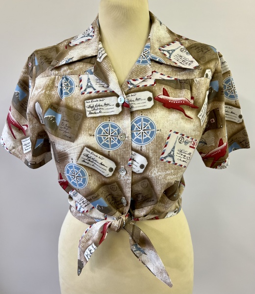 1940s tie blouse - bon voyage travel print