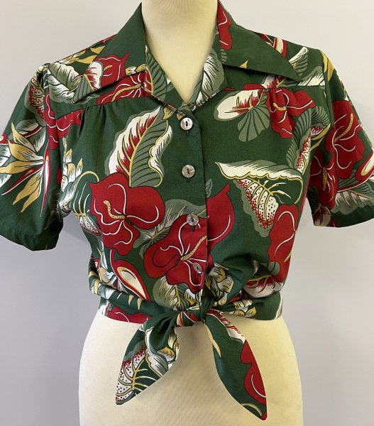 1940s tie blouse - green anthurium