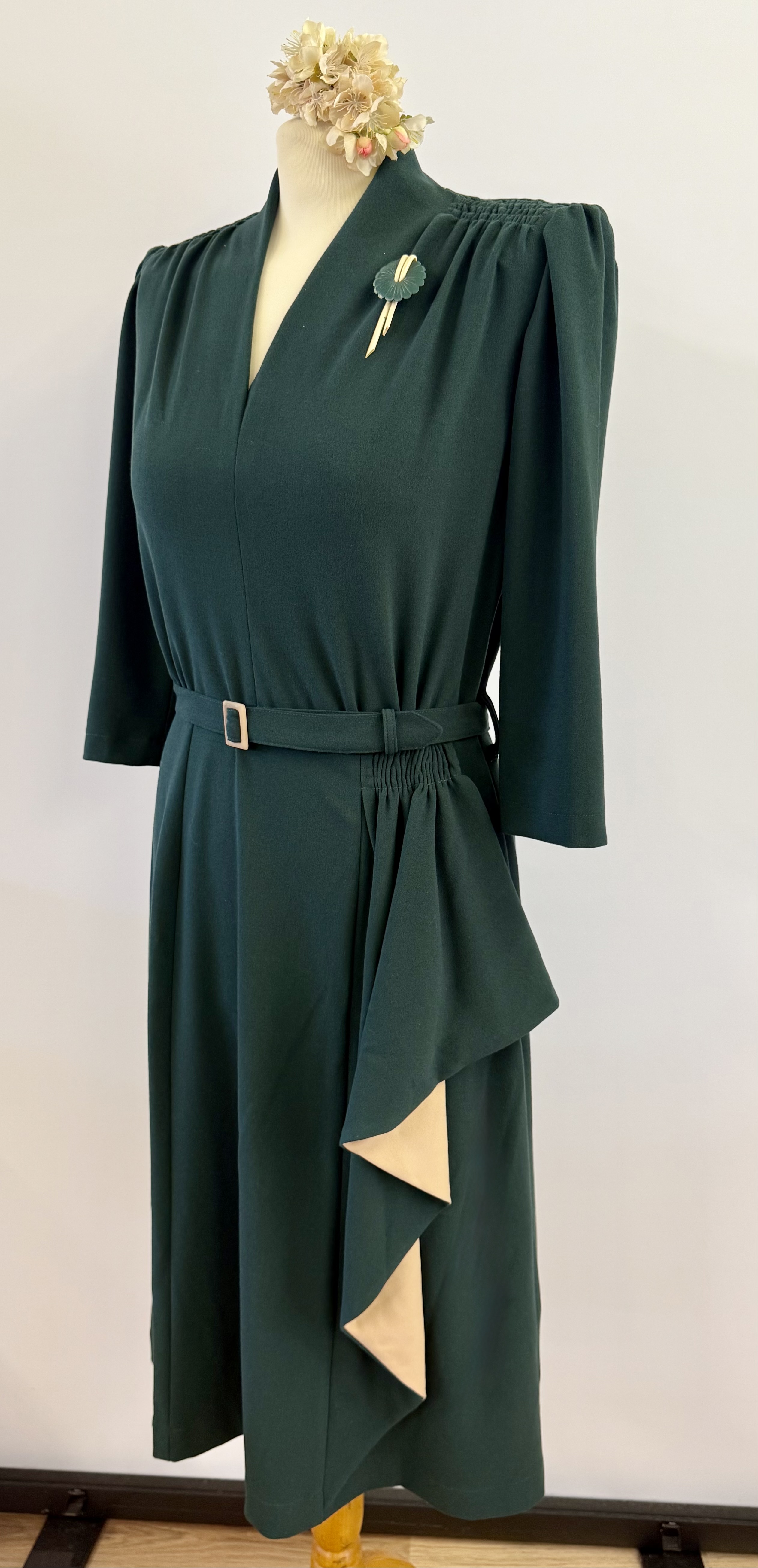 40s green dress 40s Plaid Puff Sleeve Gown